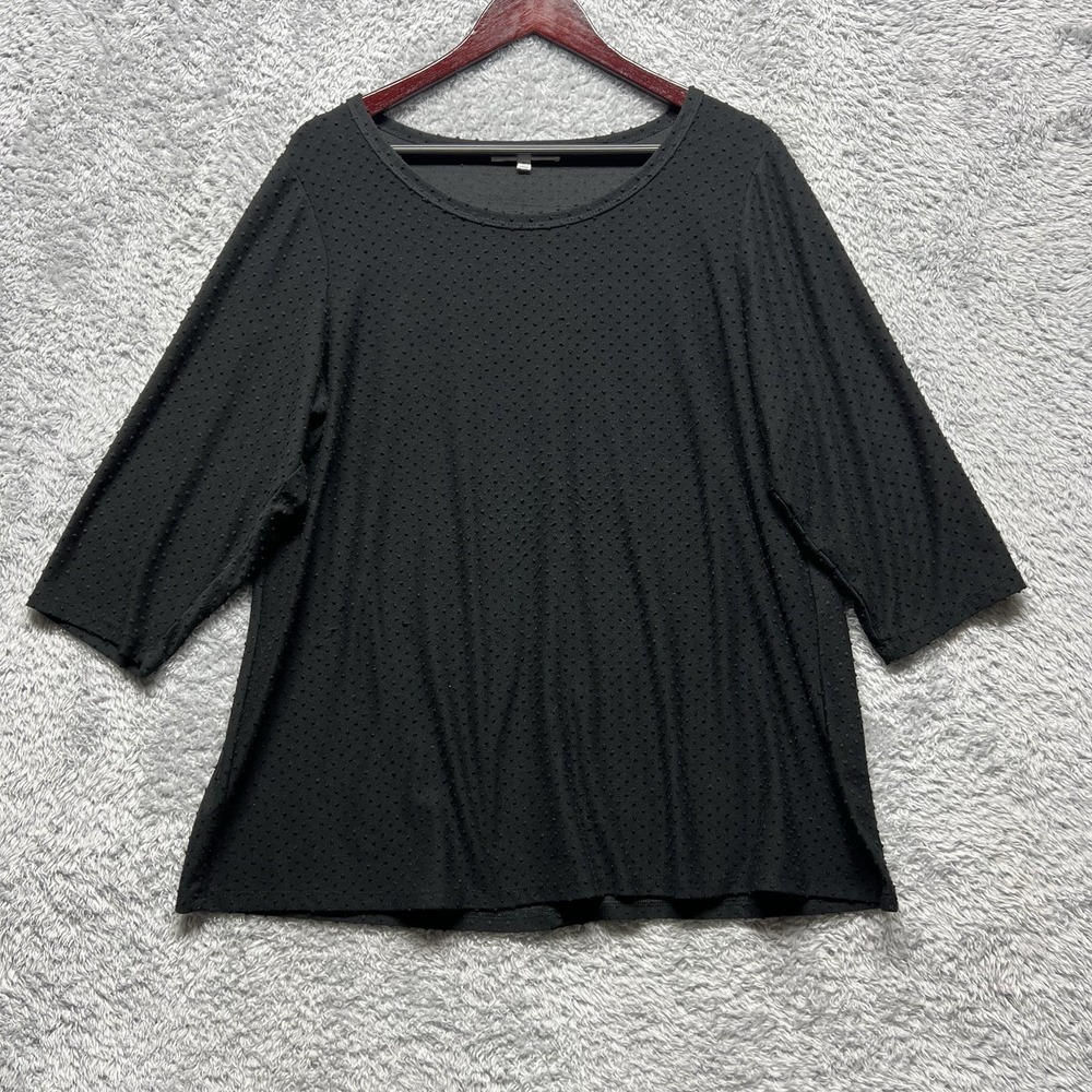 Rose Olive Top Womens 1X Black Swiss Dot Button Back Detail 3/4 Sleeve Blouse